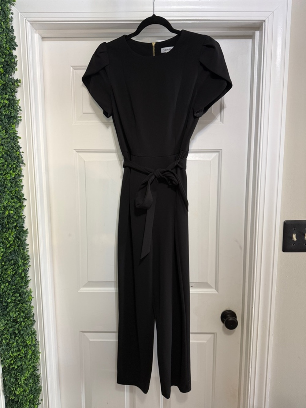 Calvin Klein Black Short-Sleeve Belted Wide-Leg Jumpsuit